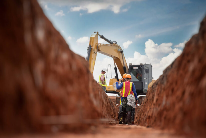 Construction workers in a trench beside an excavator