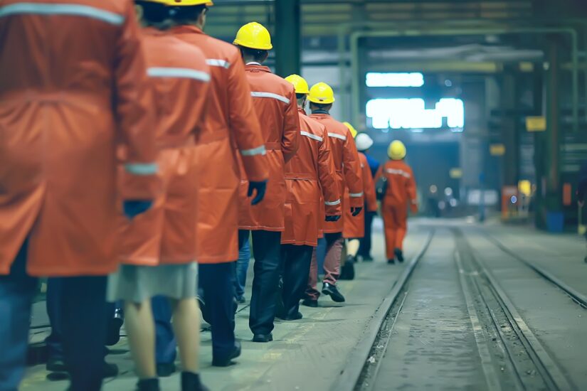 Industrial workers in safety gear at a Los Angeles worksite